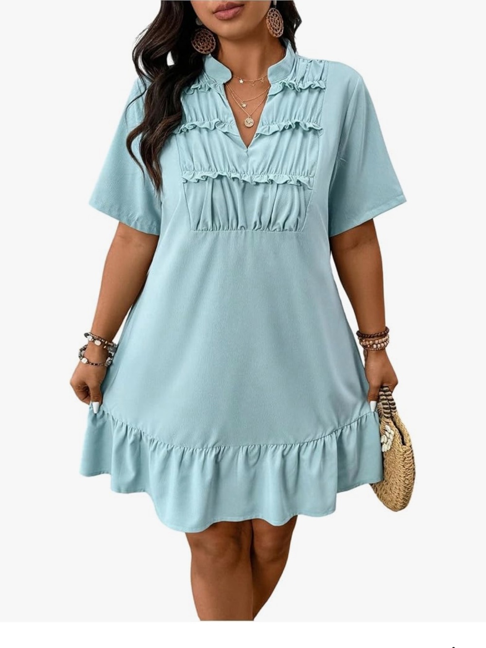 SHEIN Light Blue Ruffle-Trim V-Neck Midi Dress